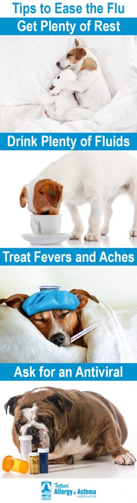 Four tips for easing the flu - get plenty of rest, drink plenty of fluids, treat fevers and aches, and ask for an antiviral